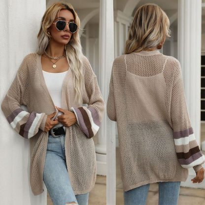 Autumn Knitted Mid-Length Loose Multicolor Hollow Out Cutout out Sweater Coat for Women