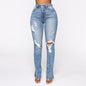 Split Jeans Women Arrival Blue Washed Ripped High Waist Stretch Jeans