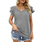 Women Summer Solid Color V-neck Double Layer Ruffle Sleeve Loose Top T-shirt