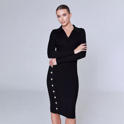 Inner Wear Sweater Knitted Dress Autumn Winter Elegant Polo Collar Hip for Women