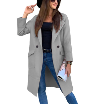 Autumn Winter Solid Color Long Sleeve Blazer Collar Button Pocket Woolen Coat Women