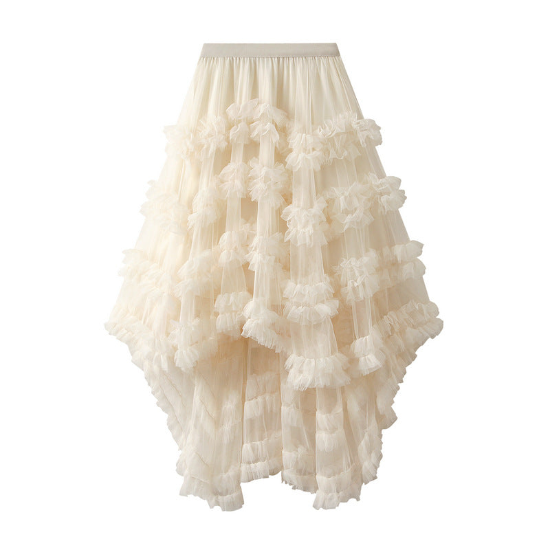 Yarn Skirt Candy Color Elastic Waist Fairy Mesh Skirt Puffy Irregular Asymmetric Ruffled Tiered Dress