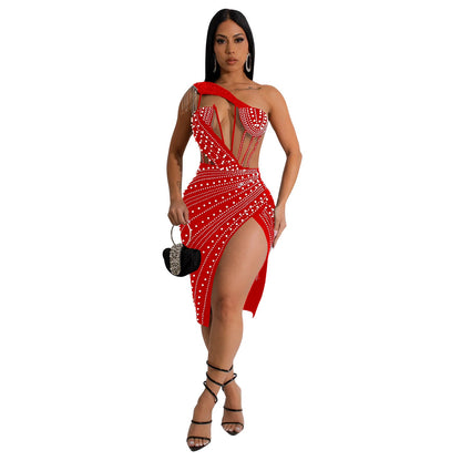 Women Wear Mesh Drilling Mid Length Dress