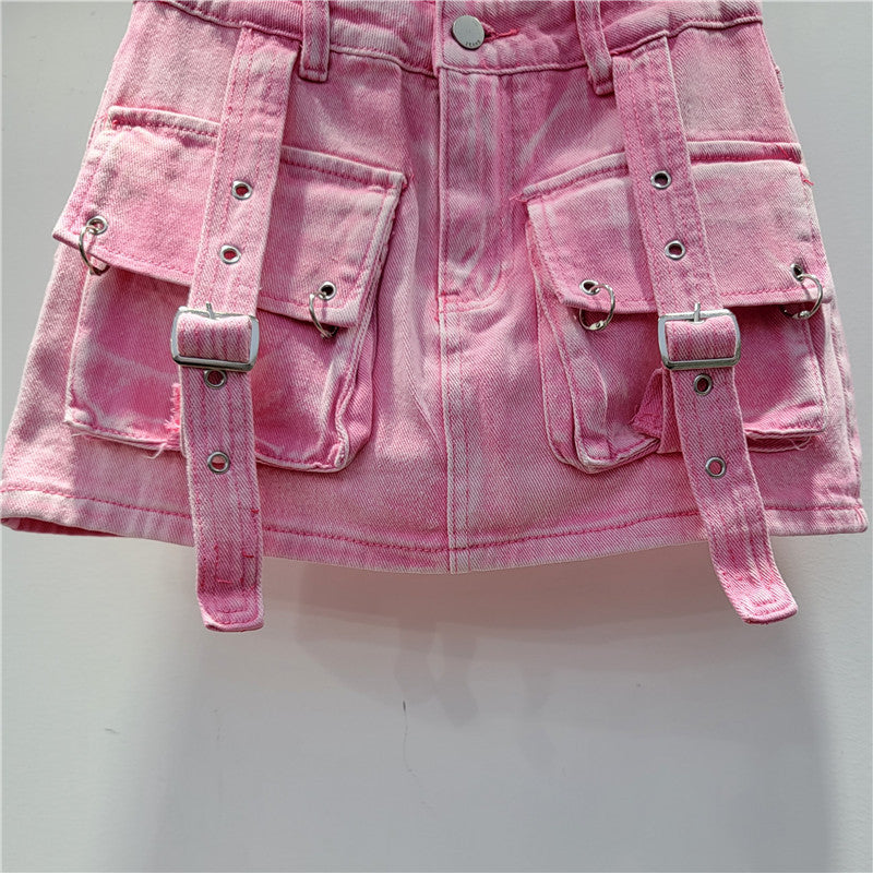 Retro Sexy Pink Three Dimensional Pocket Strap Anti Exposure A Line Slimming Workwear Short Skirt Women