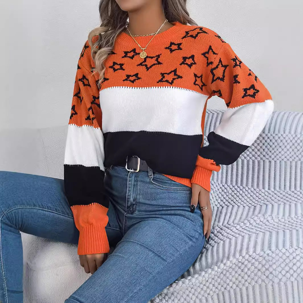 Autumn Winter Casual Color Matching Star Hollow Out Cutout Lantern Sleeve Pullover Sweater Women Clothing