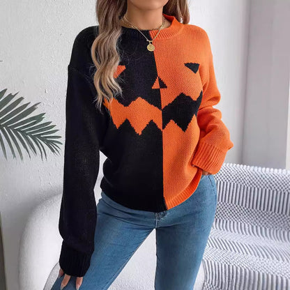 Autumn Winter Halloween Ghost Pumpkin Contrast Color Knitted Long Sleeve Pullover Women