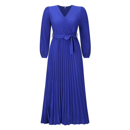 Autumn Winter Women V neck Long Sleeve Pleated A line  Mid Length Dress