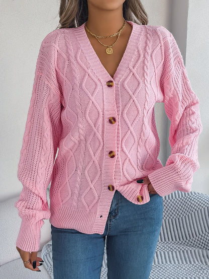 Autumn Winter Casual V Neck Lantern Sleeve Twist Button Knitted Cardigan Sweater Coat Women Clothing