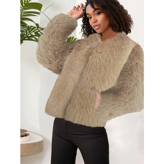 Autumn Winter Slippers O neck Short Coat Faux Fur Coat Women Solid Color Street Casual