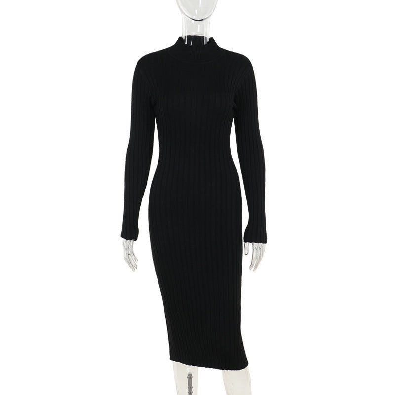 Autumn Casual Slim Fit Turtleneck Wool Women Pit Strip Dress Women