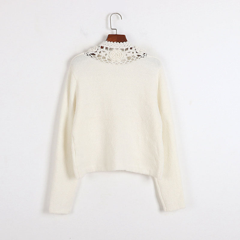 Handmade Crochet Hollow Out Cutout out Sweater Early Autumn Winter French Mohair Three Dimensional Floral Deep V Plunge Plunge neck Bag Buckle Knitted Coat for Women