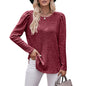 Women round-Neck Puff Sleeve Brushed Sunken Stripe Solid Color Upper Clothes Long Sleeves T-shirt