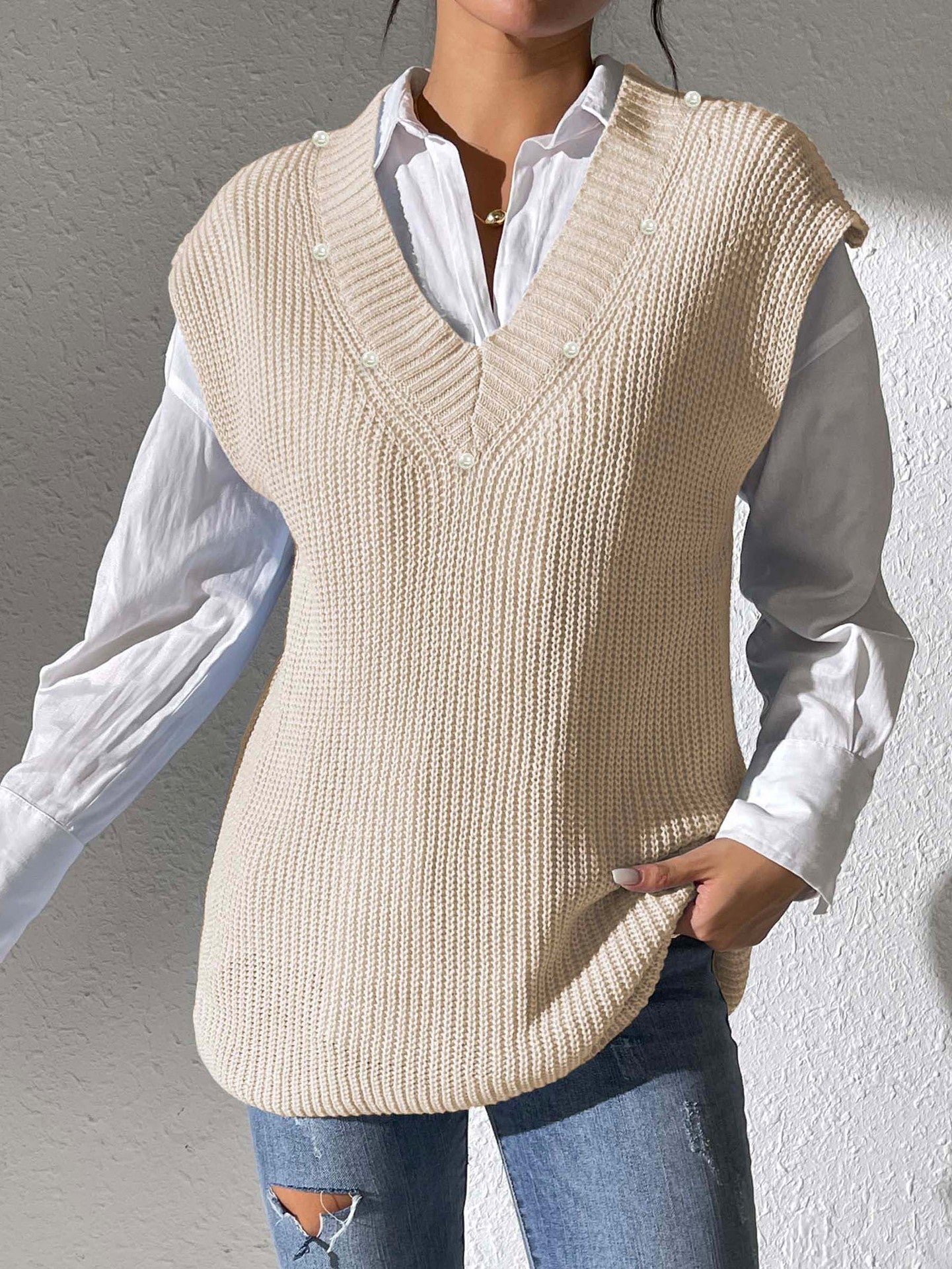 Women Vest Women Clothing Spring Autumn V neck Simple Vest Pearl Beaded Woven Sweater Waistcoat