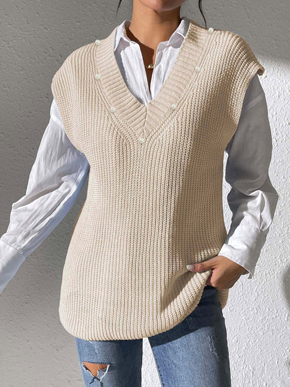 Women Vest Women Clothing Spring Autumn V neck Simple Vest Pearl Beaded Woven Sweater Waistcoat