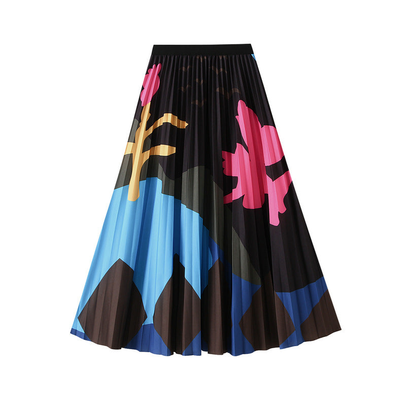 Printed Pleated Skirt Elastic Waist Colorful Floral Pleated Big Hem Skirt Women Contrast Color Long Skirt