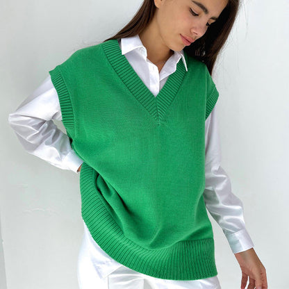 Loose V Neck Knitted Sweater Vest Women Polo Autumn Winter Sleeveless Knitwear Women