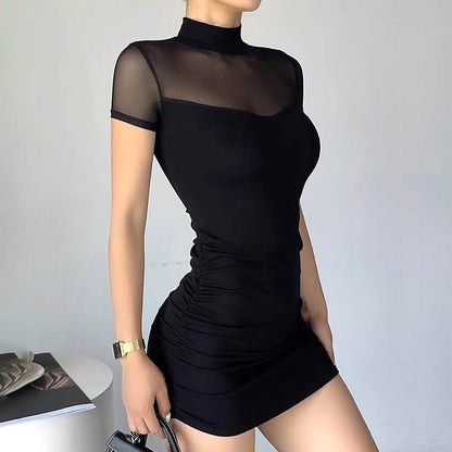 Sexy Solid Color Mesh Stitching Design Half Turtleneck Pullover Dress Women Dress Summer