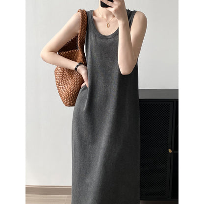 Round Neck Vest Dress Women Summer Loose Sleeveless Mid Length Dress