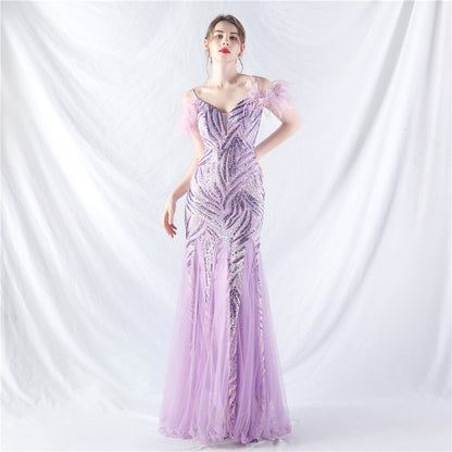 Craft Order Ostrich Hair Lamination Sequin Stitching Mesh High End Evening Dress