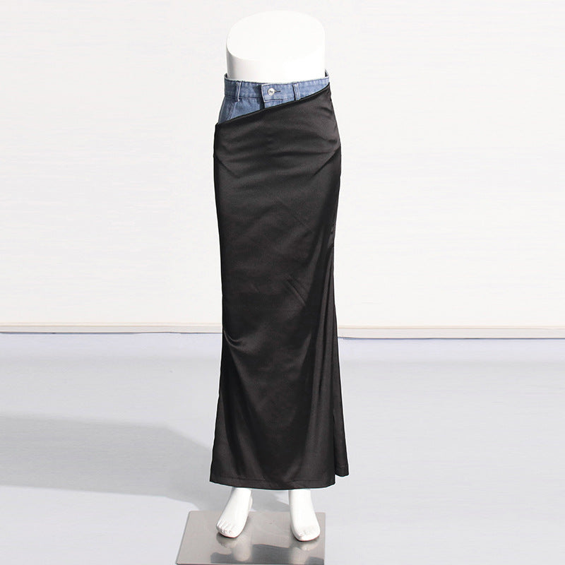 Autumn Trendy High Waist Denim Stitching Long Slit Swing Sheath Skirt