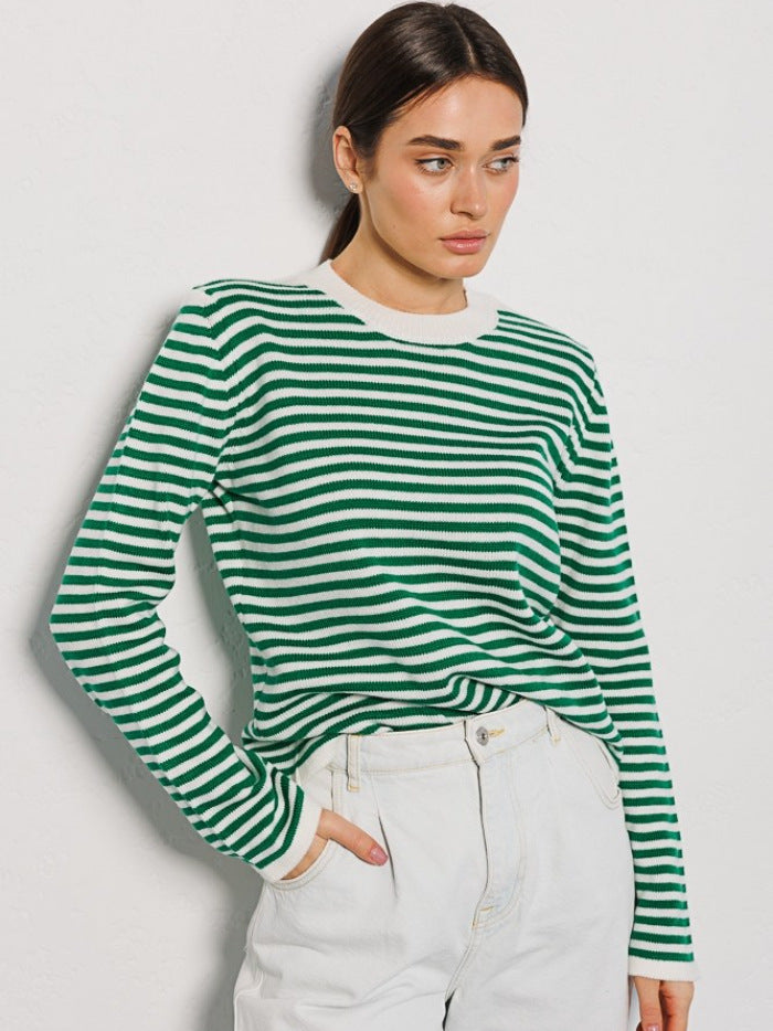 Striped Sweater Autumn Trendy Thread Contrast Color round Neck Knitted Striped Sweater