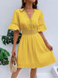 Women Clothing Summer Patchwork Lace V Neck Tight Waist Solid Color Dress