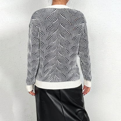 V neck White Edge Pullover Sweater Women Geometric Abstract Pattern Jacquard Slimming Knitted Top