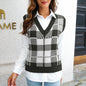 Women Clothing Autumn Winter College V Collar Contrast Color Plaid Pullover Vest