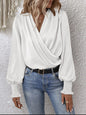 Women Elegant Women V neck Smocking Lantern Sleeve Office Women Solid Color Shirt