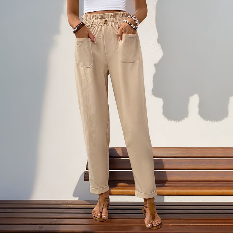 Summer Women High Waist Solid Color Casual Tapered Pants