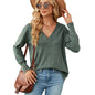 Autumn Winter Solid Color V neck Loose Long Sleeve Button T shirt Top Women Clothing