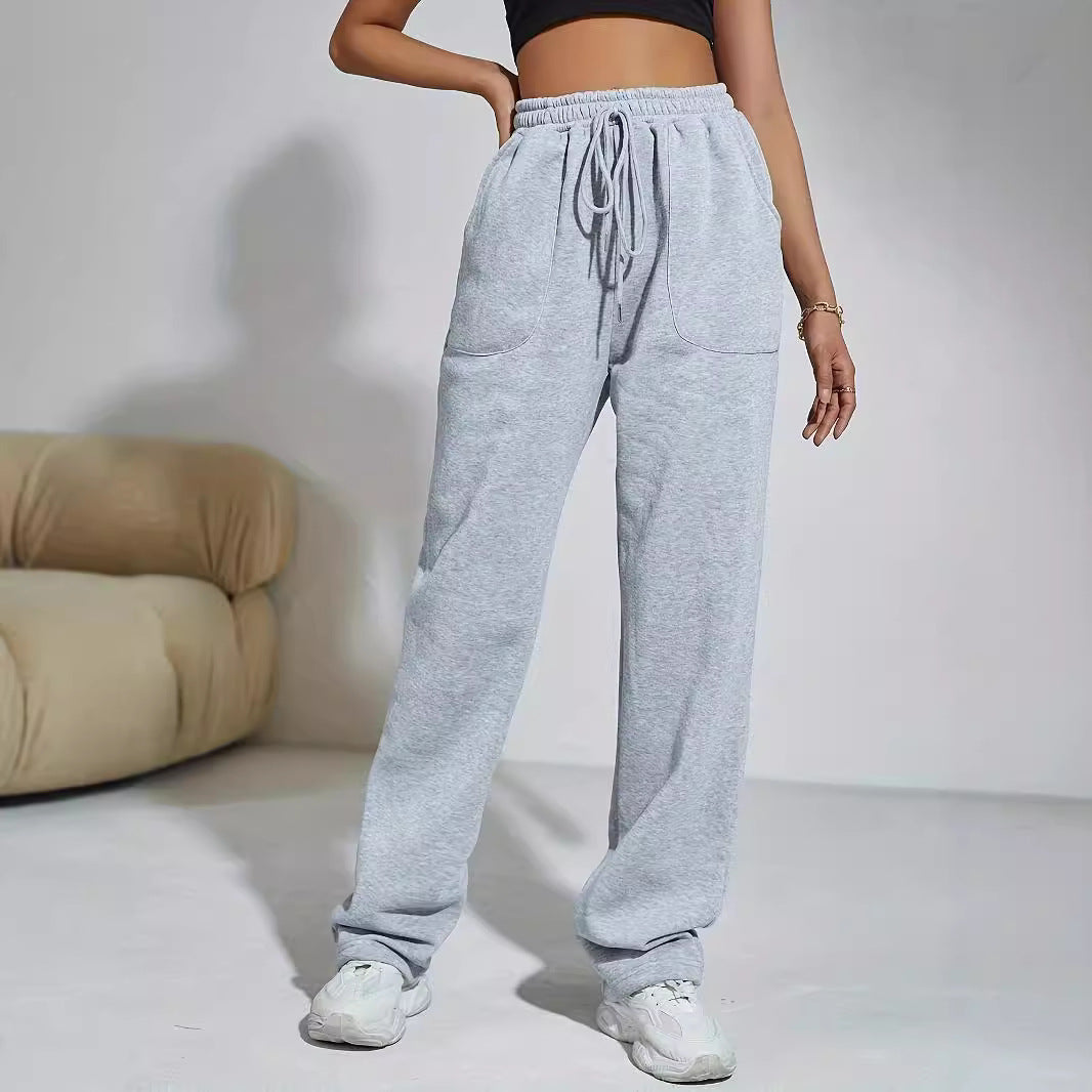 Gray Sports Pants Women High Waist Slimming Drooping Straight Lace Up Sweatpants Women