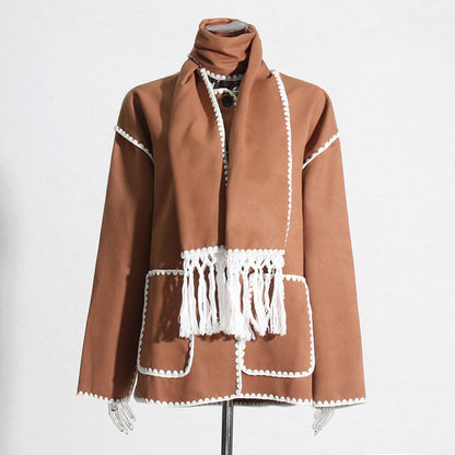 Autumn Winter Round Neck Casual Design with Tassel Scarf Loose All Matching Woolen Coat for Women