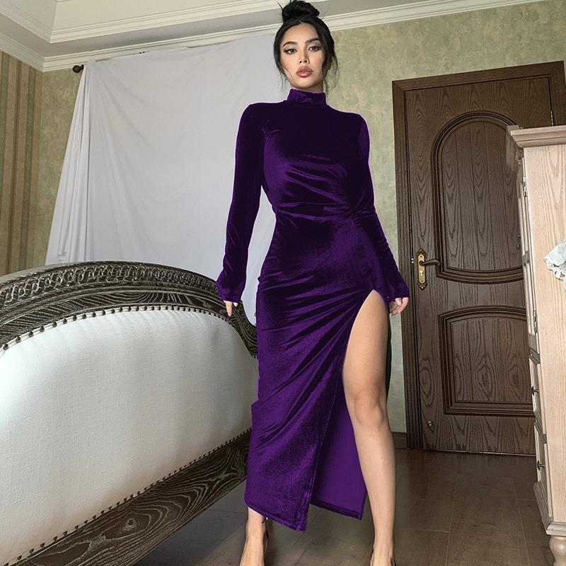 Women Clothing Autumn Winter Turtleneck Maxi Dress Slim Pleated Split Dress