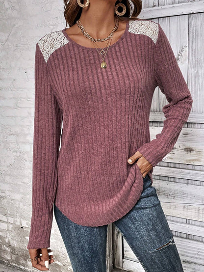 Women Clothing T Shirt Autumn Winter Round Neck Sunken Stripe Brushed Lace Long Sleeved Top Women