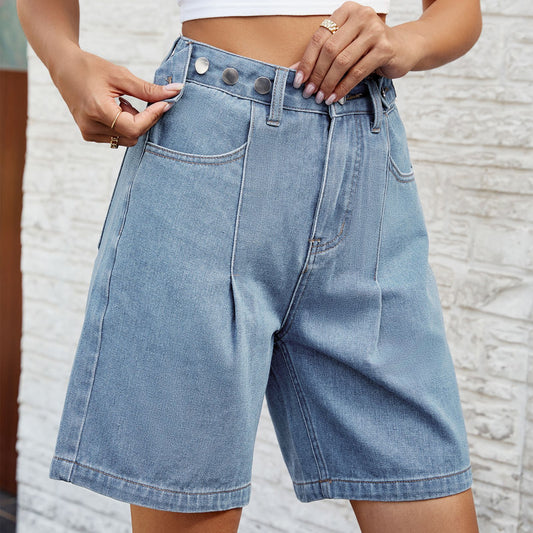 Spring Summer Washed Waist Adjustable Denim Shorts