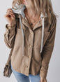 Autumn Winter Collared Buckle Cardigan Pouch Hooded Drawstring Striped Coat Women