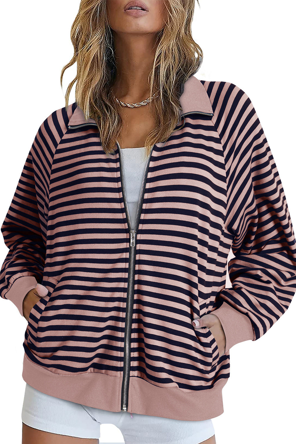 Autumn Winter Women Clothing Casual Shirt Striped Collared Contrast Color Cardigan Top Women