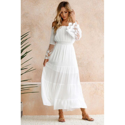 Sexy Off Shoulder Lace Patchwork Flared Sleeves Dress Maxi Dress