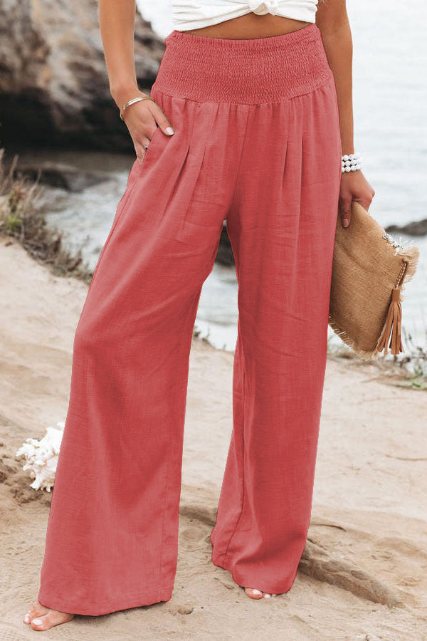 Spring Summer Women Clothing Cotton Linen Solid Color Elastic Waist Wide Leg Pants Casual Pants Trousers