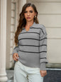 Classic Striped Sweater Women Sweater Polo Collar Pullover Long Sleeve Cinched Slimming Pullover