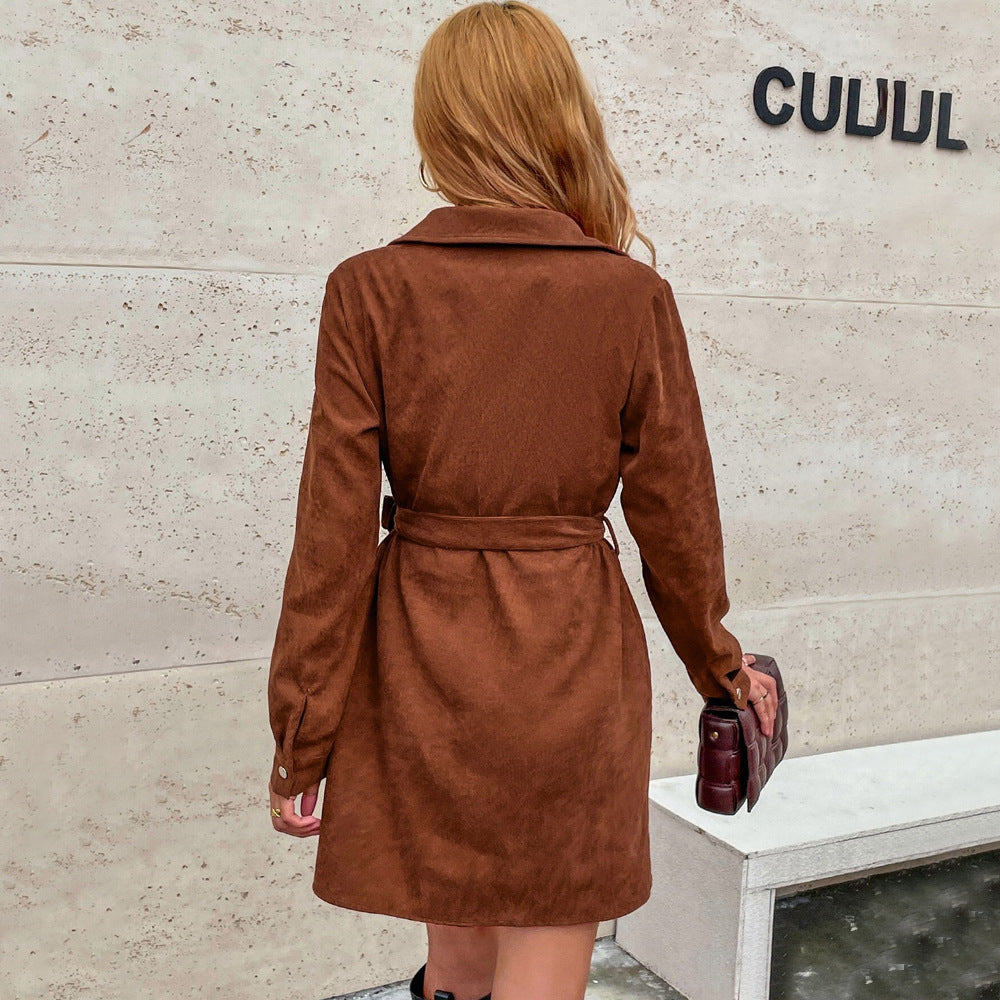 Autumn Winter Women Clothing Breasted Belt Loose Casual Corduroy Long Sleeve Shirt Dress