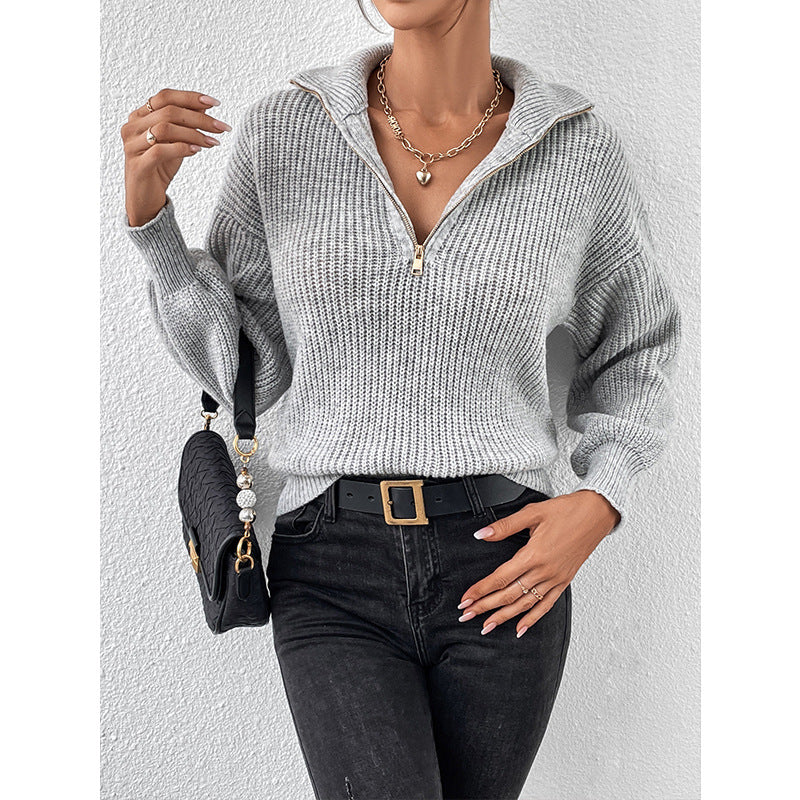 Zipper Pullover Sweater Solid Color Loose Casual Polo Collar Long-Sleeve Zipper Sweater Women