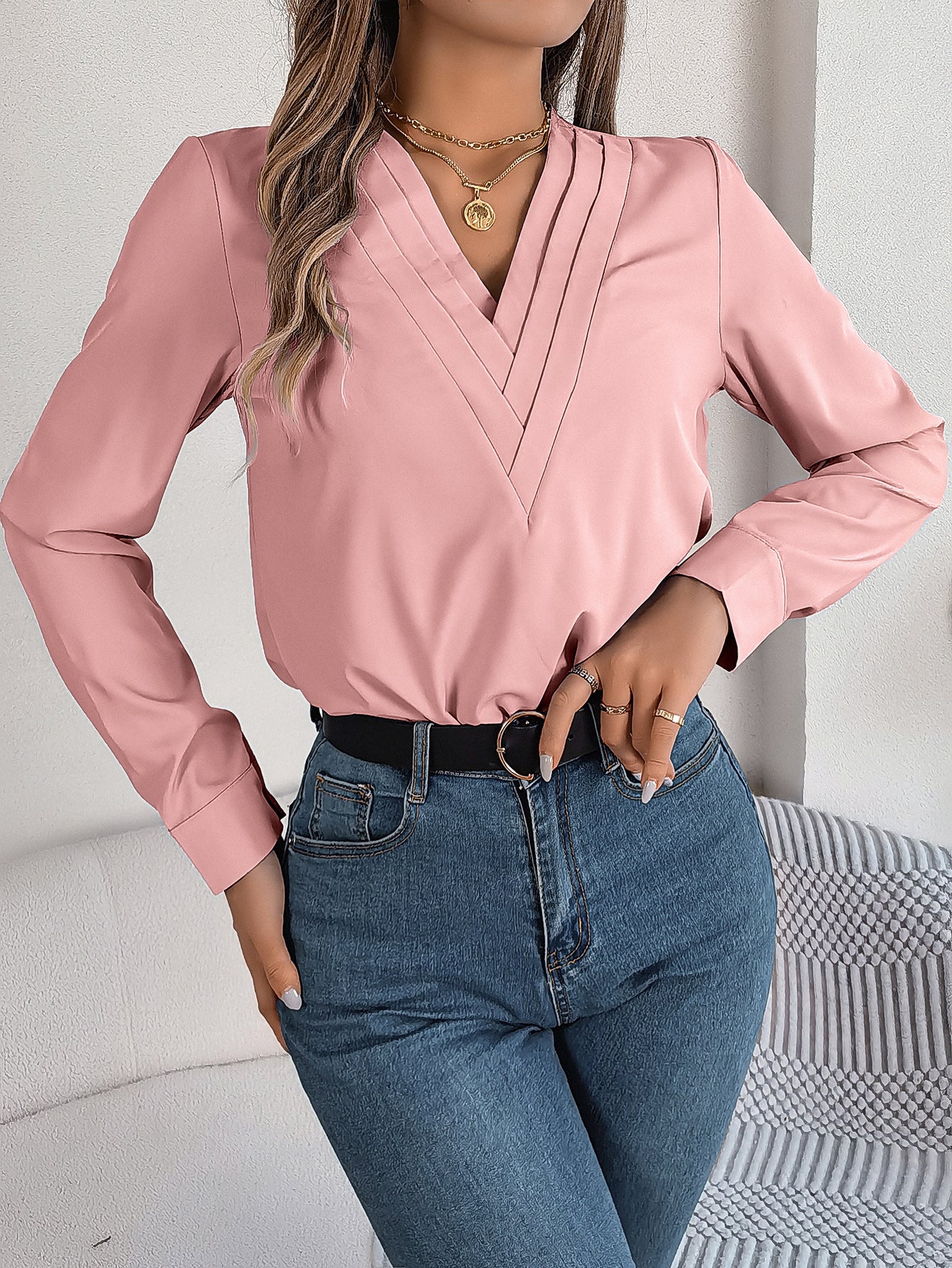 Real Shot Autumn Winter Elegant Solid Color Stacked V neck Long Sleeve Shirt Women Clothing