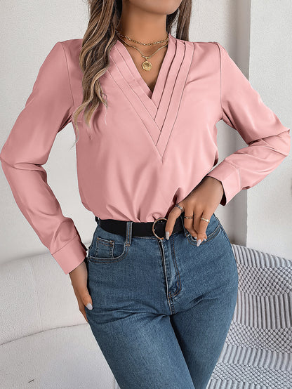 Real Shot Autumn Winter Elegant Solid Color Stacked V neck Long Sleeve Shirt Women Clothing