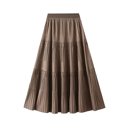 Fall Korean Elastic Waistband Pleated Skirt High Waist Slimming All Matching Mid Length A Line Skirt