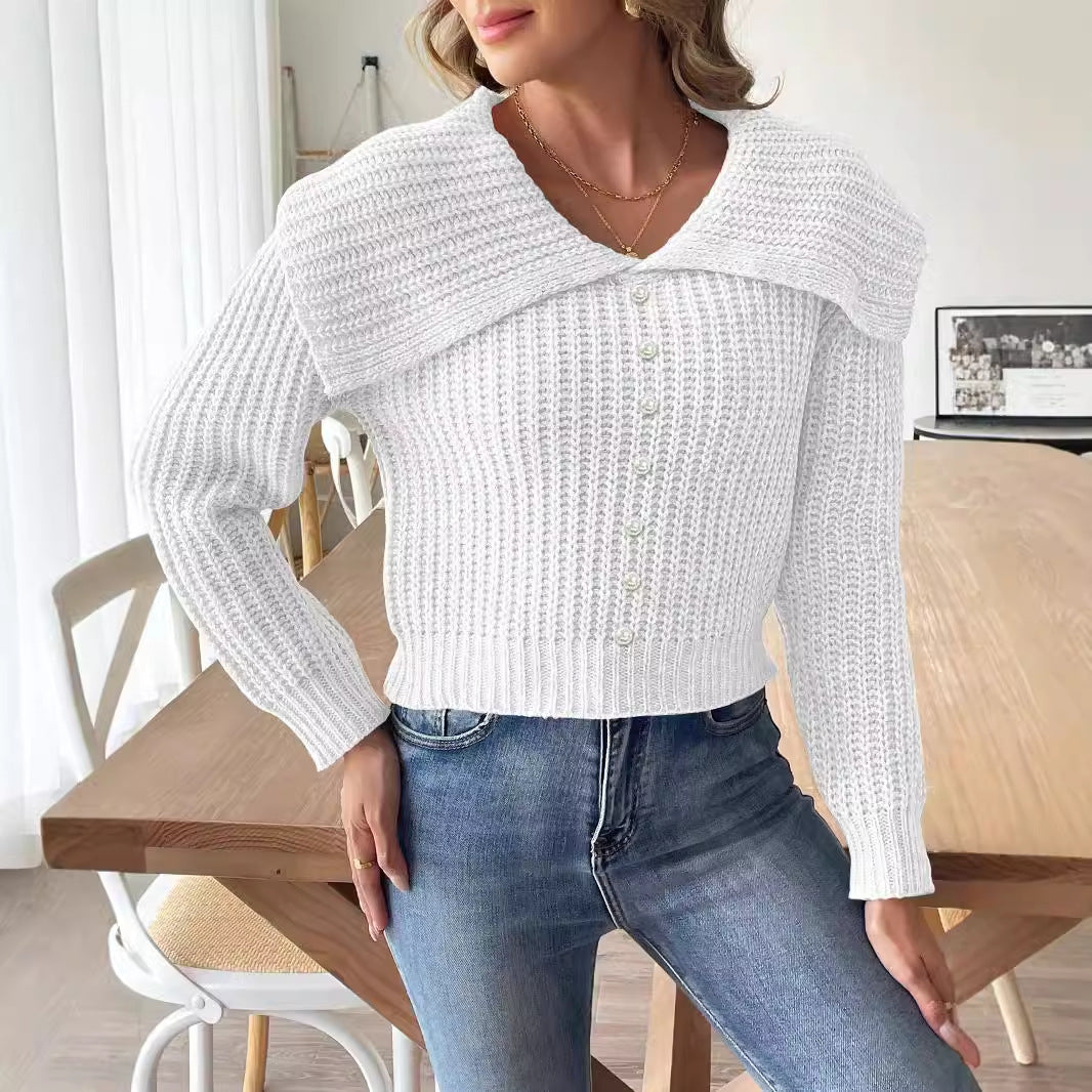 Women Short Top Pearl Beaded Sweater Women Clothing Autumn Winter Large Collared Pullover Sweater