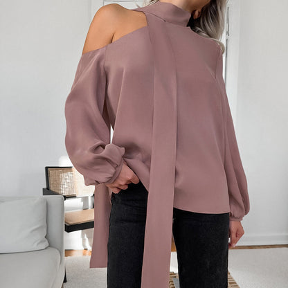 Satin Irregular Asymmetric Collar Sexy Strapless Long Sleeve Shirt Autumn Design Top