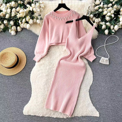 Crew Neck Beaded High Waist Short Exposed Cropped Two Piece Sweater Sexy Knitted Vest Dress Sets Women