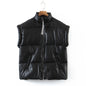 Women Autumn Winter Clothing Black with High Collar Sleeveless Bread Coat Faux Leather Vest Cotton Vest